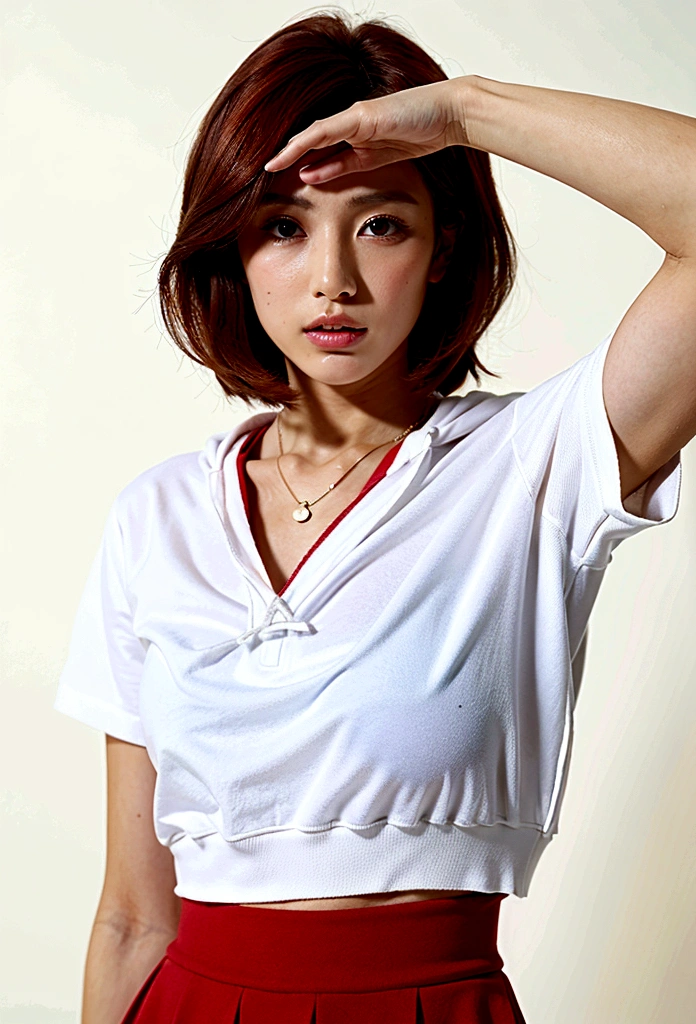 (Highest quality, 8K, 32k, masterpiece, Ultra-high resolution:1.2),Beautiful Japanese Women Photos, Rainbow clothes、Rainbow hoodie、Large Breasts, Very short bob hair,Red hair, necklace, Simple Background, From above, View your viewers,Red Hair、White background、peace sign、Pause.Colorful clothes、White background