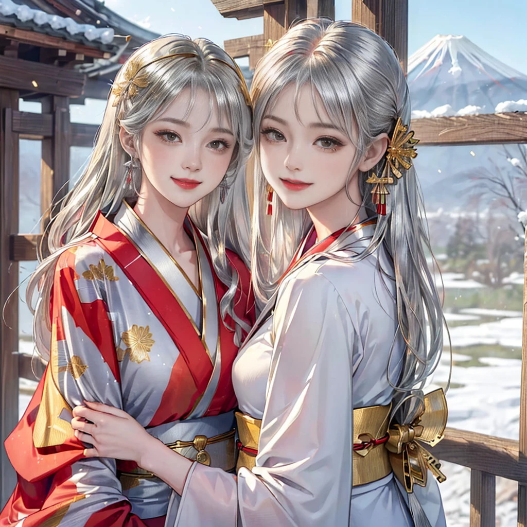 ((8K, RAW Photos, Highest quality, masterpiece)),((Showing the kimono from the obi up：1.5)), High-resolution RAW color photos、

Professional close-up photography, (Realistic, フォトrealism: 1.37), 

(Highest quality), (Best Shadow), (Best illustrations),

High-quality images、Skin Radiance、Texture of skin and clothing、

Expression of fine eyes、Shiny Hair,Long Hair Girl, Manga inspired by Lee Jong-suk, 

Trending on deviantart, realism, detailed manga style, Manga art style,

Perfect Line Drawing, Beautiful line art, digital manga art girl, K-POPアイドル,

 Beautiful brown eyes, Fuller lips, Gorgeous face with attention to detail, 

(Cute Smile), attractive, Innocent, (Perfectly detailed face), 

(Detailed and carefully drawn hand) Photorealistic images, Written boundary depth, 


best quality, masterpiece, New Year, 

 

Three Japanese high-school cute girls, ((looking straight:1.7)), 



((Kimono with strikingly beautiful colorful colors, red, Silver, gold:1.7)),

((white short scarf:1.2)), ((white feather shawl:1.2)), 



((gently smiling:1.7)), 

((upper arms hidden by clothes and hair:1.5)),

(innocent and pure high-school-girls:1.7)



(separately side by side:1.5), 

shrine background, (mount Fuji:1.3), ((snow))

winter(season), (outdoors:1.5)
