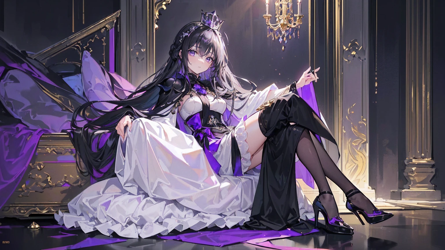 Character expressions: The expression is calm and cold, and the eyes look through the black veil and raise their heads slightly.
Hairstyle and color: Long black hair with slightly upturned ends and a silver crown on his head.
Clothing style and color: A black robe embellished with stars and moon motifs, the hem of the robe is split in half, revealing the silver armor on the legs, a silk black shawl wraps around the shoulders, and a translucent silver ribbon is tied around the chest.
Accessories on the figures: black gloves with silver runes on the gloves, a silver bracelet on the left wrist, black high boots on the feet, each boot with a silver moon pattern, and a waist chain made of silver beads pinned to the waist.
Character pose: Holding your chin in your right hand, staring forward slightly, holding a black scepter in your left hand, the tip of which is inlaid with a bright blue gemstone, quietly greeting the light.
Setting: Standing on a black throne, the seat is decorated with silver sequins, surrounded by tall silver pillars, between which hang a shimmering crystal lamp, the floor is a block of silver marble, under the moonlight, the whole space shines with a faint silver-white light.
Hints: Long black hair, silver crown, black robe, star and moon motif, silver armor, silky black shawl, silver ribbon, black gloves, silver runes, silver bracelet, black high boots, silver moon pattern, silver bead waist chain, black scepter, blue gemstone, black throne, silver sequins, silver pillar, crystal lamp, silver marble.