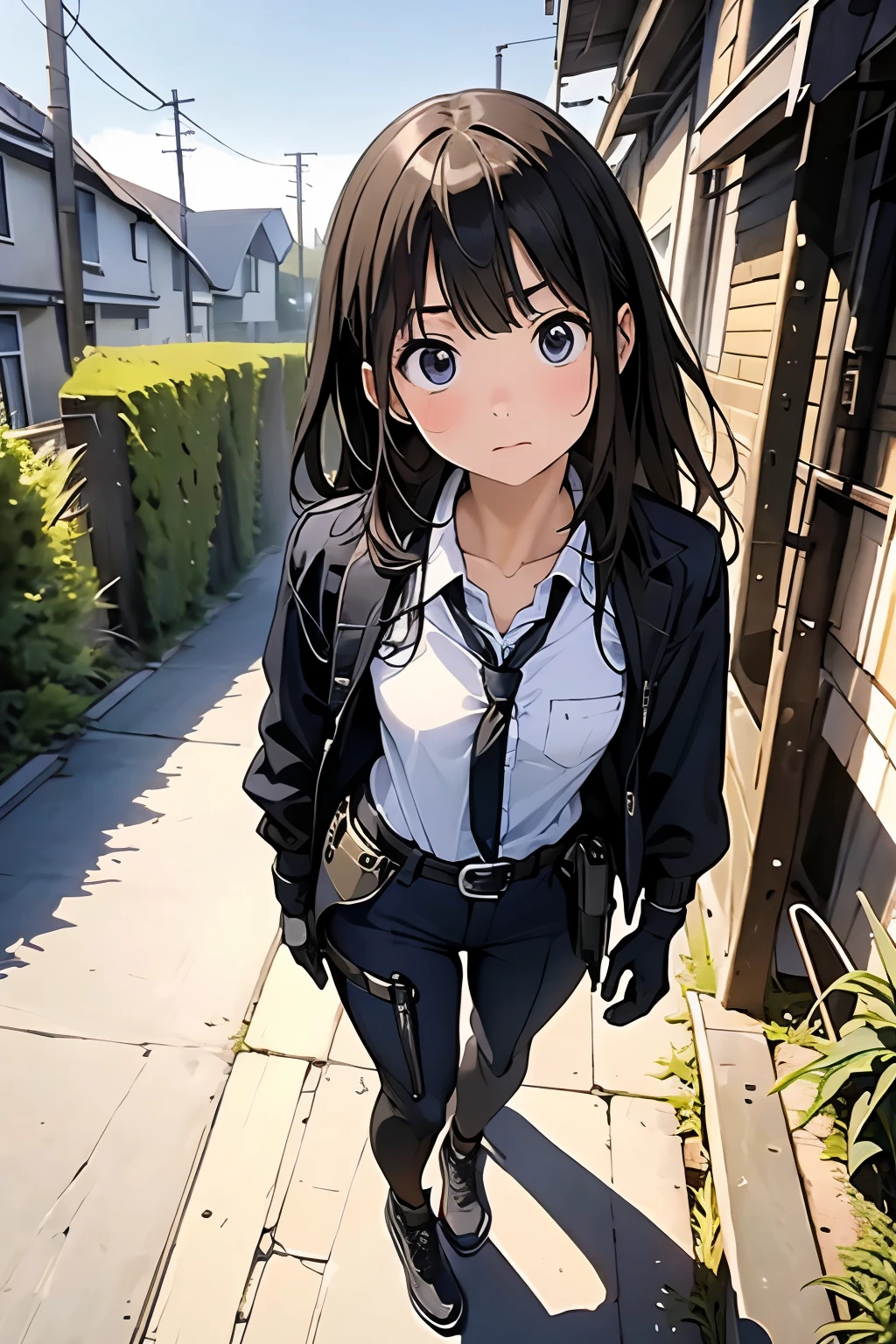 high quality, masterpiece, Ultra-high resolution, (realism: 1.4), Oil painting style, Cinema Lighting, An endless grassland dotted with a few houses, I stood on the empty asphalt road and looked at it., Fairy Mountain々was shrouded in mist, And the suspenders with the cranes flying　　　Moderate breasts　 　 　　　　Small face　 　　　holster　　　　　　　 Lying in bed　Looking up　　　　Sweat 　　　belt　summer　脇Sweat 　Black Hole Gloves　suit　shirt　　Black jacket　 Black trousers　Leg Links　ズボンにbelt　　holster　 　　Hands behind your back　 Anxious expression　Looking up　Anxious face, no resistance　Hands behind your back