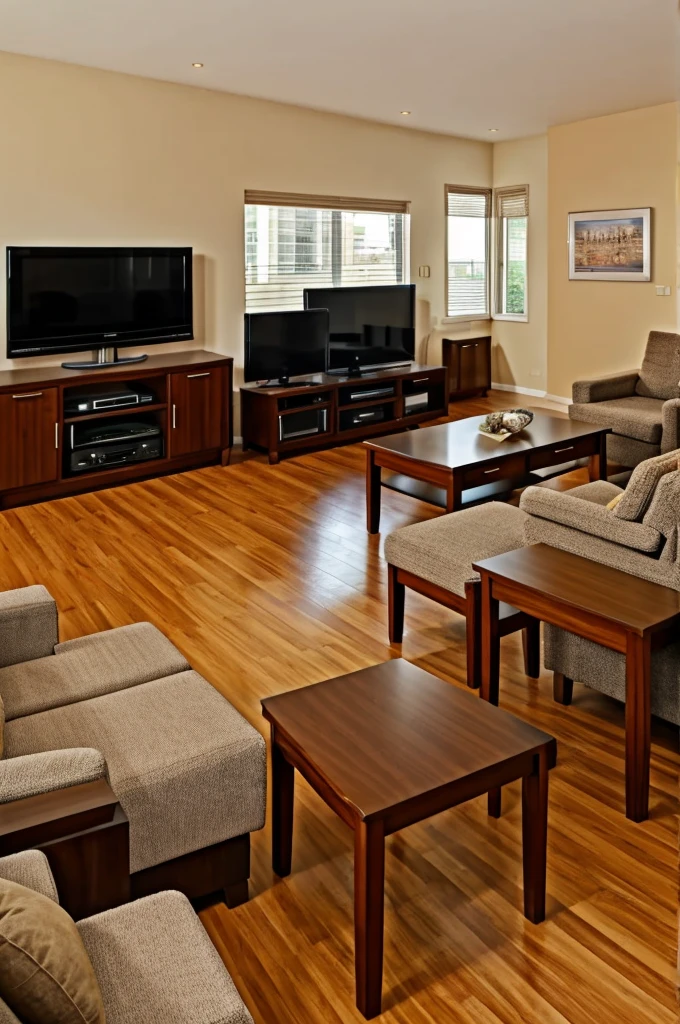Living room with five pieces of furniture, television, printer, dining table, showcase, Several pictures