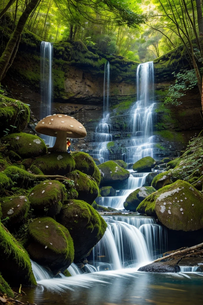 A landscape with a small padro with a mushroom and trees next to a waterfall
