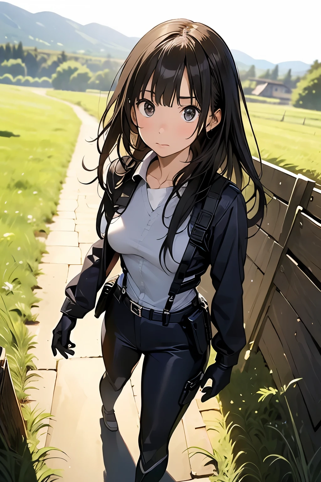 high quality, masterpiece, Ultra-high resolution, (realism: 1.4), Oil painting style, Cinema Lighting, An endless grassland dotted with a few houses, I stood on the empty asphalt road and looked at it., Fairy Mountain々was shrouded in mist, And the suspenders with the cranes flying　　　Moderate breasts　 　 　　　　Small face　 　　　holster　　　　　　　 Lying in bed　Looking up　　　　Sweat 　　　belt　summer　脇Sweat 　Black Hole Gloves　suit　shirt　　Black jacket　 Black trousers　Leg Links　ズボンにbelt　　holster　 　　Hands behind your back　 Anxious expression　Looking up　Anxious face, no resistance　Hands behind your back