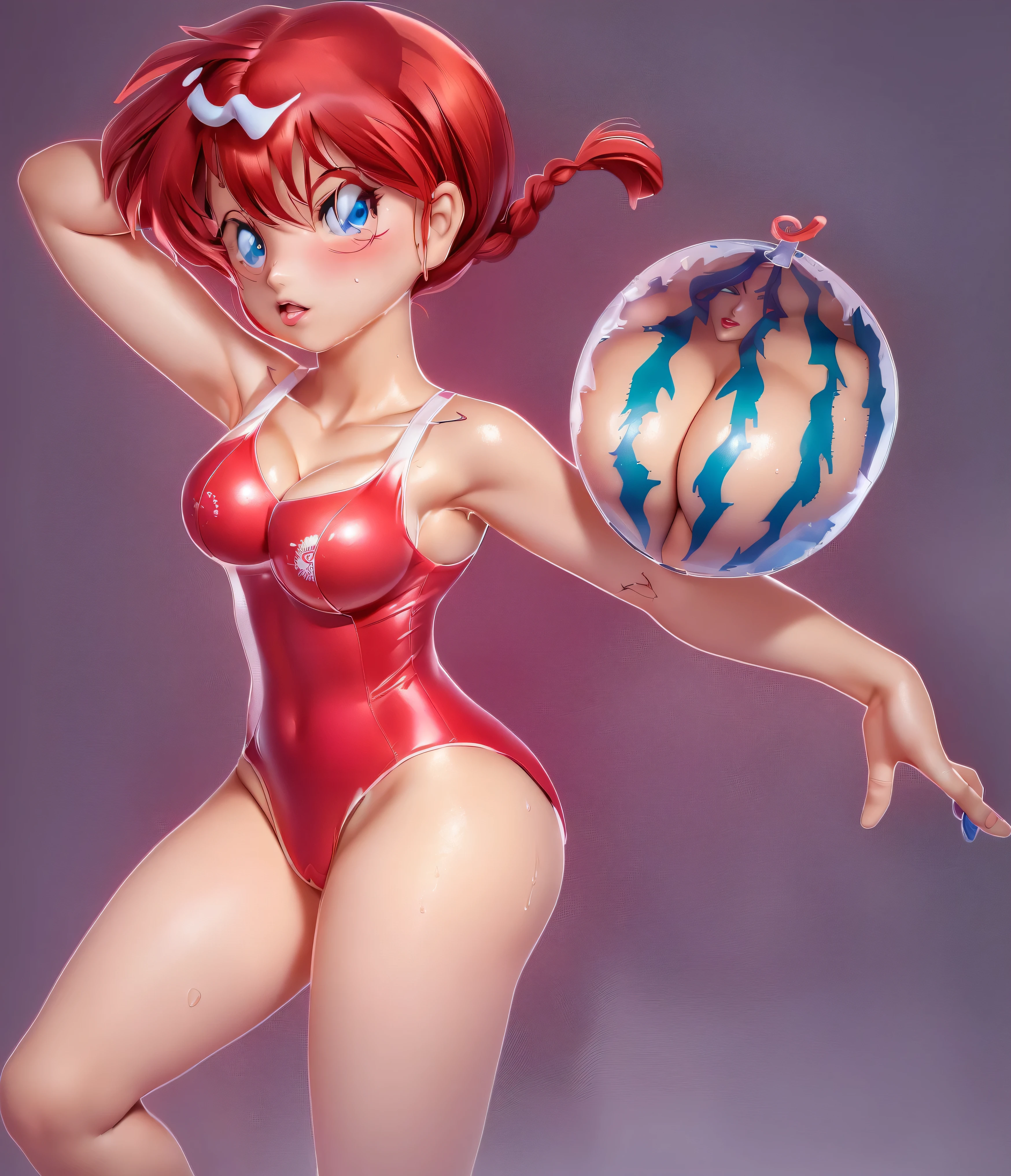 Very naughty hentai anime, redhead with braided hair, wet swimsuit, 16 yrs old, hand in hair, arm outstretched holding a watermelon, fluffy body, breasts big, sexy girl , red hair with braid, beautiful lighting, softshadows, blue colored eyes, pretty legs, hair with braid, anime styling, ranma chan, Autora Rumiko Takahashi, Based on a work by Rumiko Takahashi, Anime Ranma 1/ 2, sexy transparent necklines, robust hip, fully body, complete body, Bust Big, young man with beautiful and beautiful body, sandals on the feet, garota 16 yrs old jovem baixa estatura, anime girl, anime styling, 45° viewing angle, wet, vagina wet, dripping vagina, vagina oozing liquid, hands on breasts,