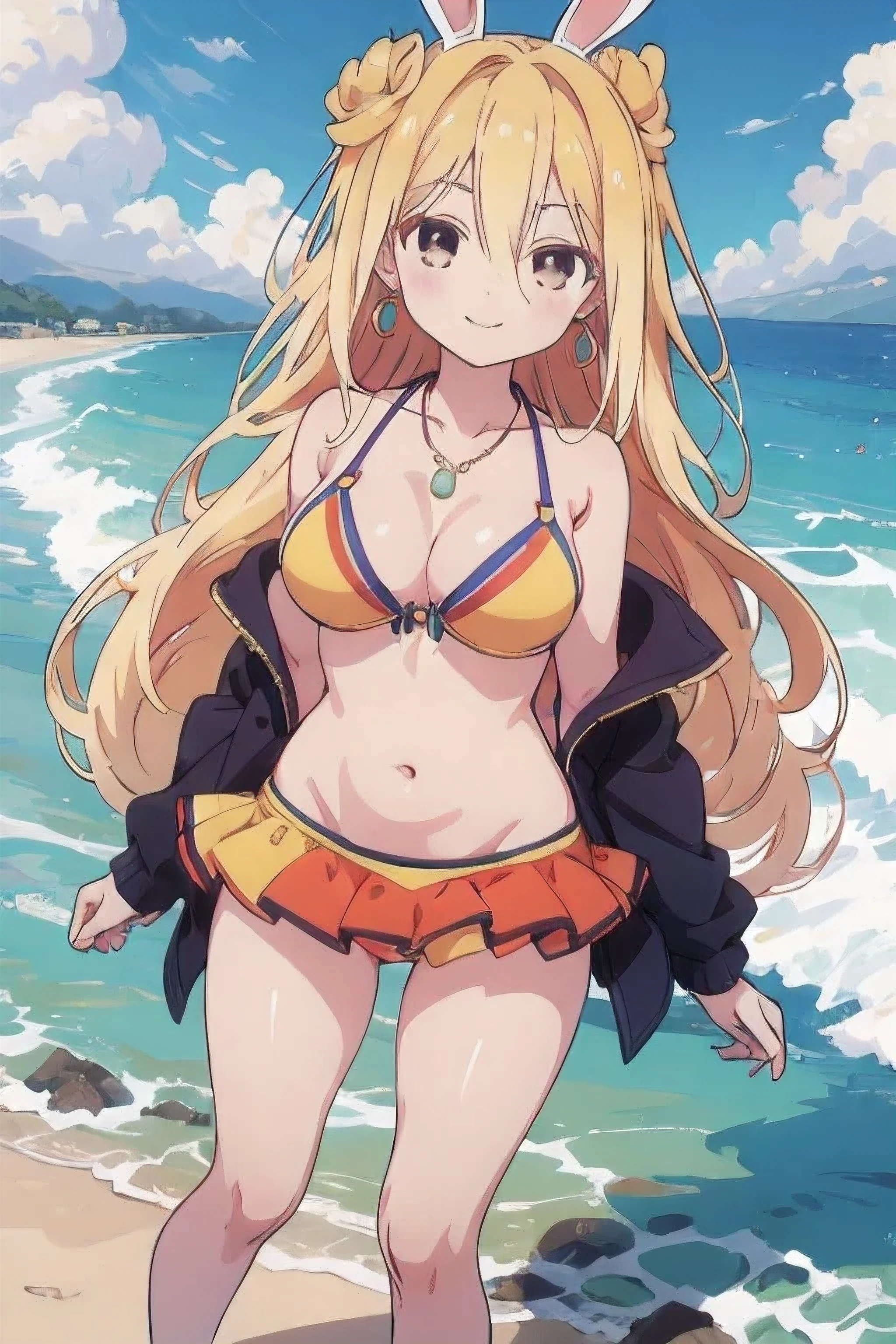 Masterpiece, best quality, ultra-detailed, extremely-detailed, anime girl, sea, style of anime, micro, hdr, 8k, style of anime, Bikini, Bunny Dress, Earrings, High Heels, Jacket, Kemonomimi Headband, Miniskirt, Necklace, Pajamas, Tank Top, smile