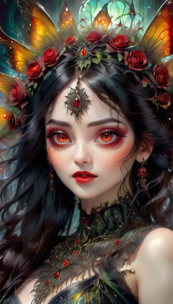 Woman (Gothic art)Beautiful black haired red eyed woman, Elegant and exquisitred eyes, Highly detailed face, Detailed eyes, beautiful long eyelashes, complicated details, Award-winning digital art, movie light, Amazing color, realistic, 8K, Masterpiece,Gothic art
