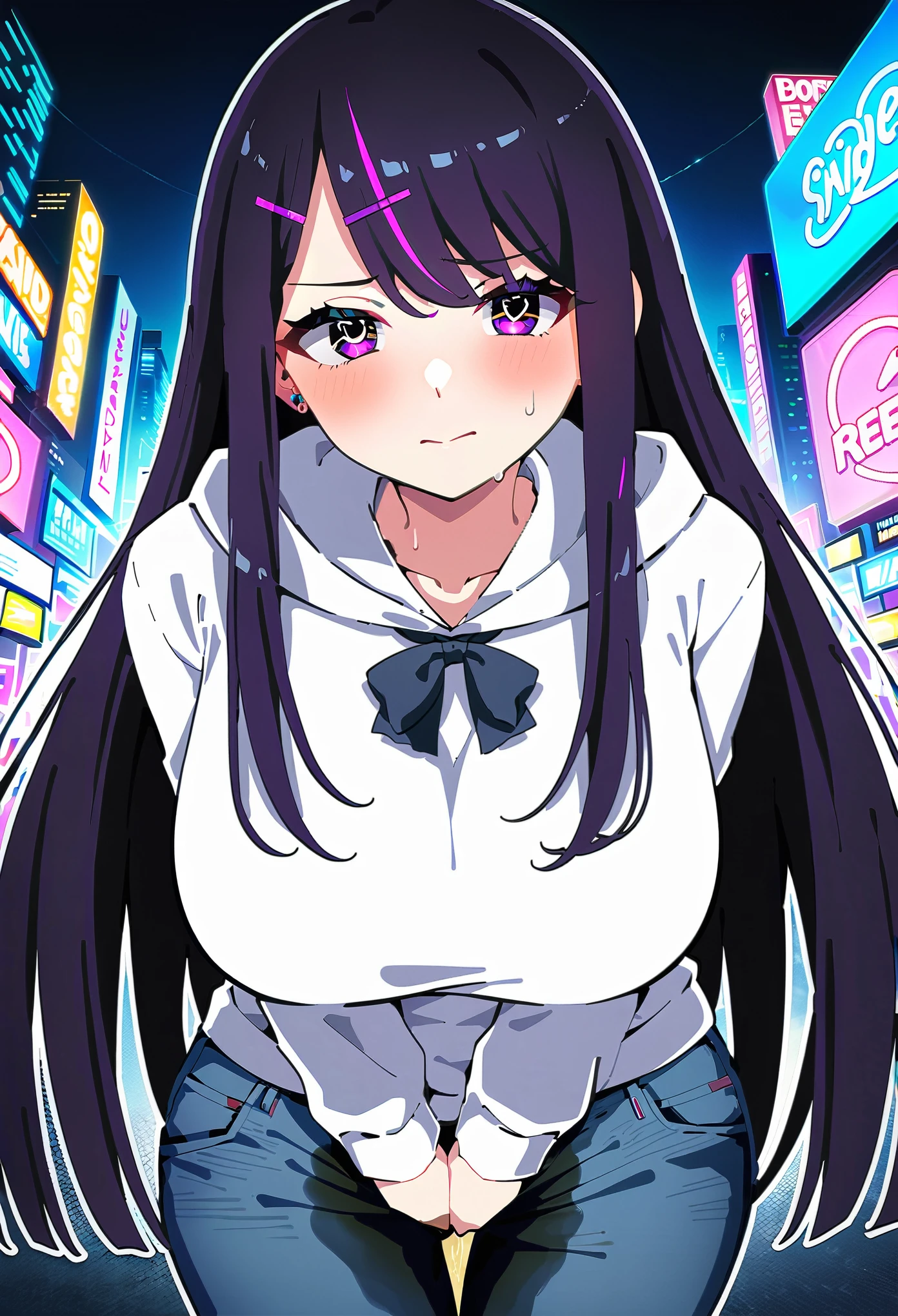 (masterpiece:1.37), best quality, (extremely detailed:1.37), woman, mature, adult, large breasts, very long hair, (straight hair:1.5), dark purple hair, purple eyes, (extremely detailed eyes:1.37), hoodie, jeans, desperation, (wetting: self 3.0), standing, embarrassed, humiliation, blushing, angry, city, futuristic, neon lighting, high-tech, street