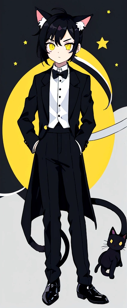 Anime boy with cat ears, Cat&#39;s tail, pale skin, black hair, eyes of different colors, the right yellow with a star in the middle and the left olive green, dress clothes, White shirt, white tie, black dress pants black shoes, coffee trench coat cozy background 