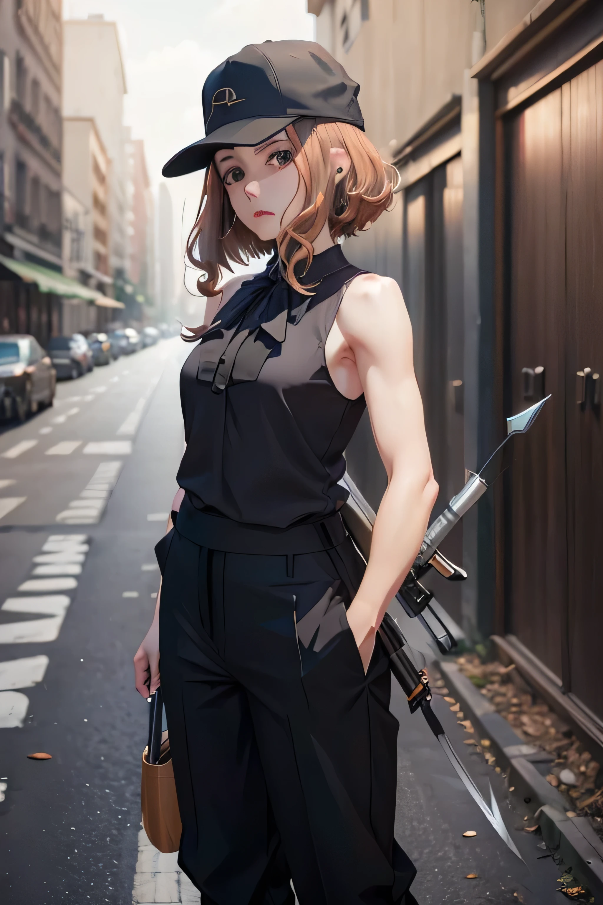 Woman,
short-hair,
chestnut hair;
baggy pants;
black clothes;
sleeveless blouse;
Bow and arrow on the back Black cap Universe behind 