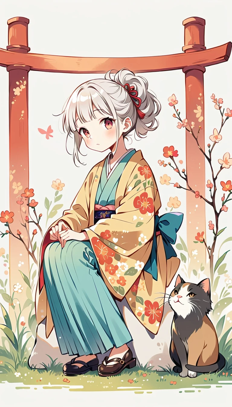 white background, Fujichoco style, kimono, white hair, full body, sitting, Torii, cat, simple background，Simple line initialism, (((The Most Beautiful Girl))), wallpapers, 8K,