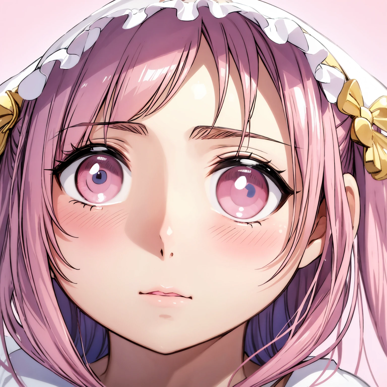 アニメ, Front view, Close-up, ((cute girl++)), ((eyes large)), ((light pink background))