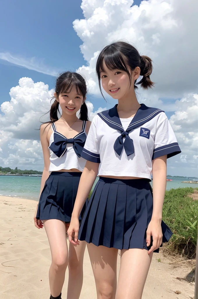 2 girls walking in rural beach,cumulonimbus cloud in summer sky,sailor shirt,navy blue pleated micro mini skirt,white thong,18-year-old,bangs,a little smile,thighs,knees,short hair with low pigtails bunches,from below,front light