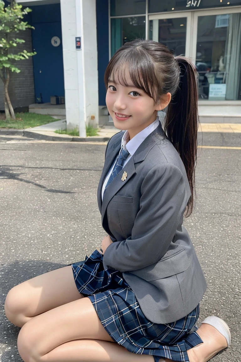 (8K), (highest quality: 1.2), (realistic), (realistic: 1.37), ultra high resolution, (1 girl、17 years old), cute, smile, closed mouth, beautiful details, beautiful nose, wet hair, giant dulcefo, pork, thighs,Self snap,High school Student Uniform,(A simple navy blue blazer),pleated skirt,(The skirt and tie are gray tartan check pattern....:1.3),(sitting:1), sit on the ground,(hug your feet:1),white pantyhose,from the front,knees、loafers、Low - Angle、From the front view、Checkered Pleated Skirt、Ponytail 1.2、Knee-high socks、barefoot、((Between the legs、Panties that fit the female genitals、White panties、膝を上げて、お尻を床に付けて座る))