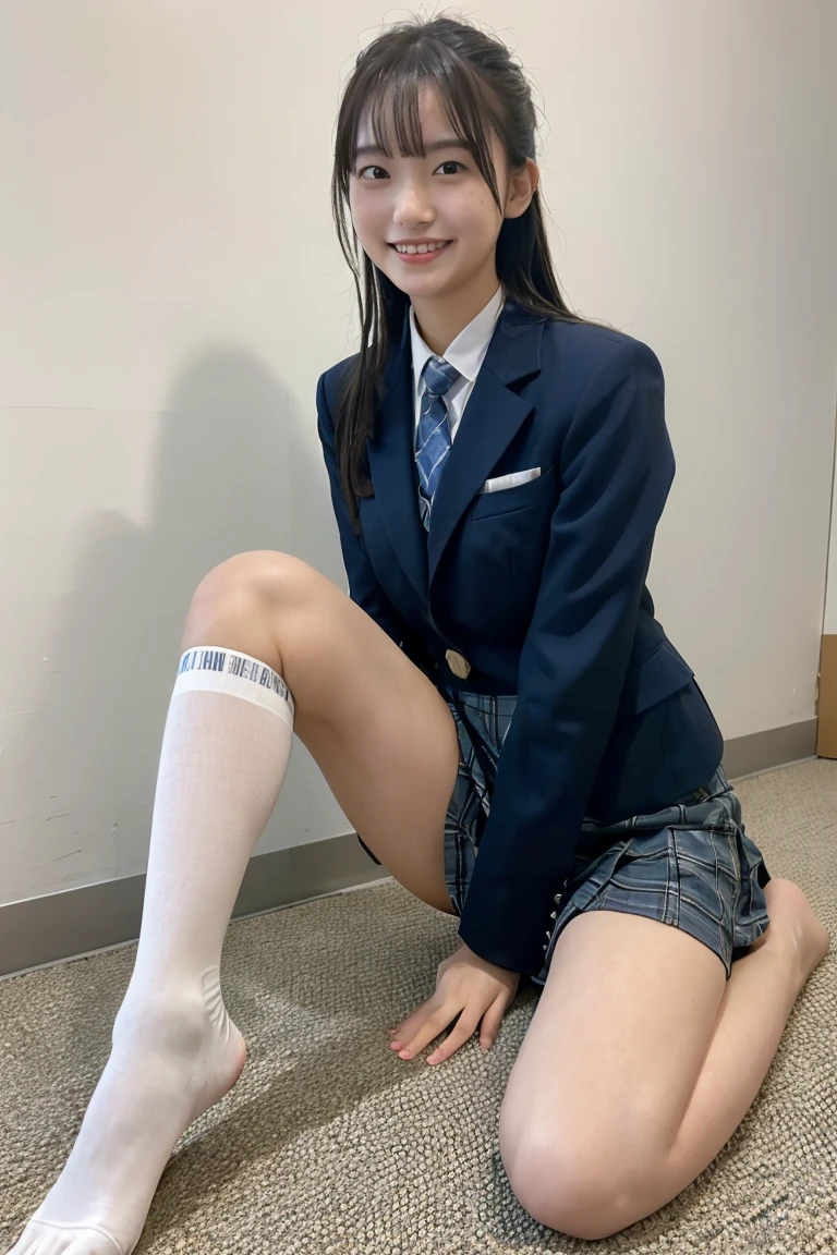 (8K), (highest quality: 1.2), (realistic), (realistic: 1.37), ultra high resolution, (1 girl、************), cute, smile, closed mouth, beautiful details, beautiful nose, wet hair, giant dulcefo, pork, thighs，Self snap,High school Student Uniform,(A simple navy blue blazer),pleated skirt,(The skirt and tie are gray tartan check pattern....:1.3),(sitting:1), sit on the ground,(hug your feet:1),white pantyhose,from the front,knees、loafers、Low - Angle、From the front view、Checkered Pleated Skirt、Ponytail 1.2、Knee-high socks、barefoot、((Between the legs、Panties that fit the female genitals、White panties、膝を上げて、お尻を床に付けて座る))