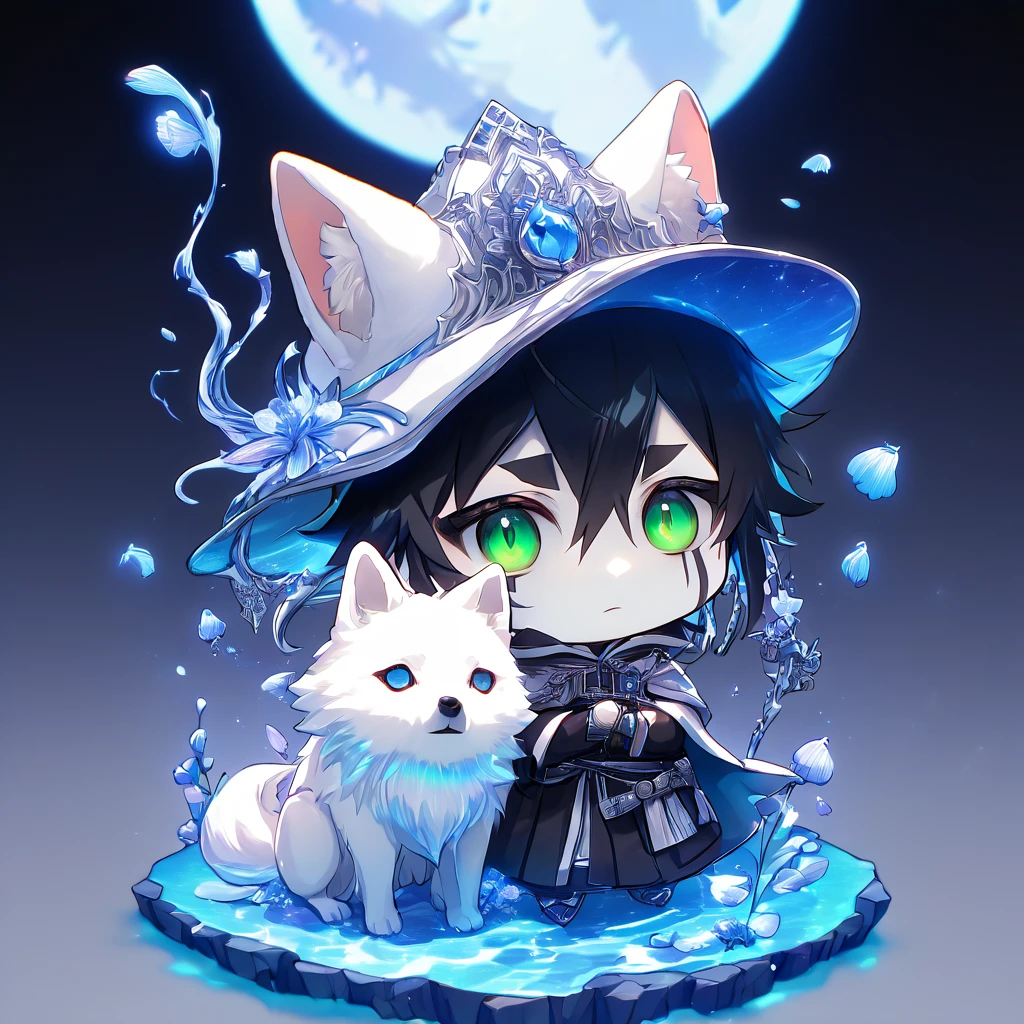 absurdres, highres, ultra detailed, HDR, master piece, Ulquiorra Cifer chibi, black hair, expressive green eyes, boy hugging a wolf, white wolf, pale skin, Bleach, magical hat, cute, best quality, blue moon, flowers, fantasy, magical, solo, water, blue shining fireflies, blue petals, cape, the word "Krozseria" is written on his shirt,