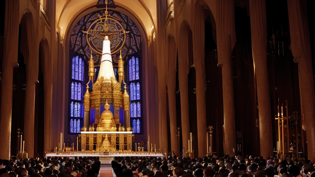 Generate an image that symbolizes the concept of population control and mass manipulation through religion. Depict a large, imposing structure or temple, intricately designed with religious iconography and symbols of authority. Surround the structure with a diverse group of people, of various ethnicities and backgrounds, engaging in worship or ritualistic activities. The atmosphere should convey a sense of reverence and devotion, yet subtly hint at elements of control and influence. Use lighting and composition to emphasize the power dynamics and the emotional impact of religious devotion on the masses. Avoid direct or explicit representations that could be interpreted as offensive or insensitive.