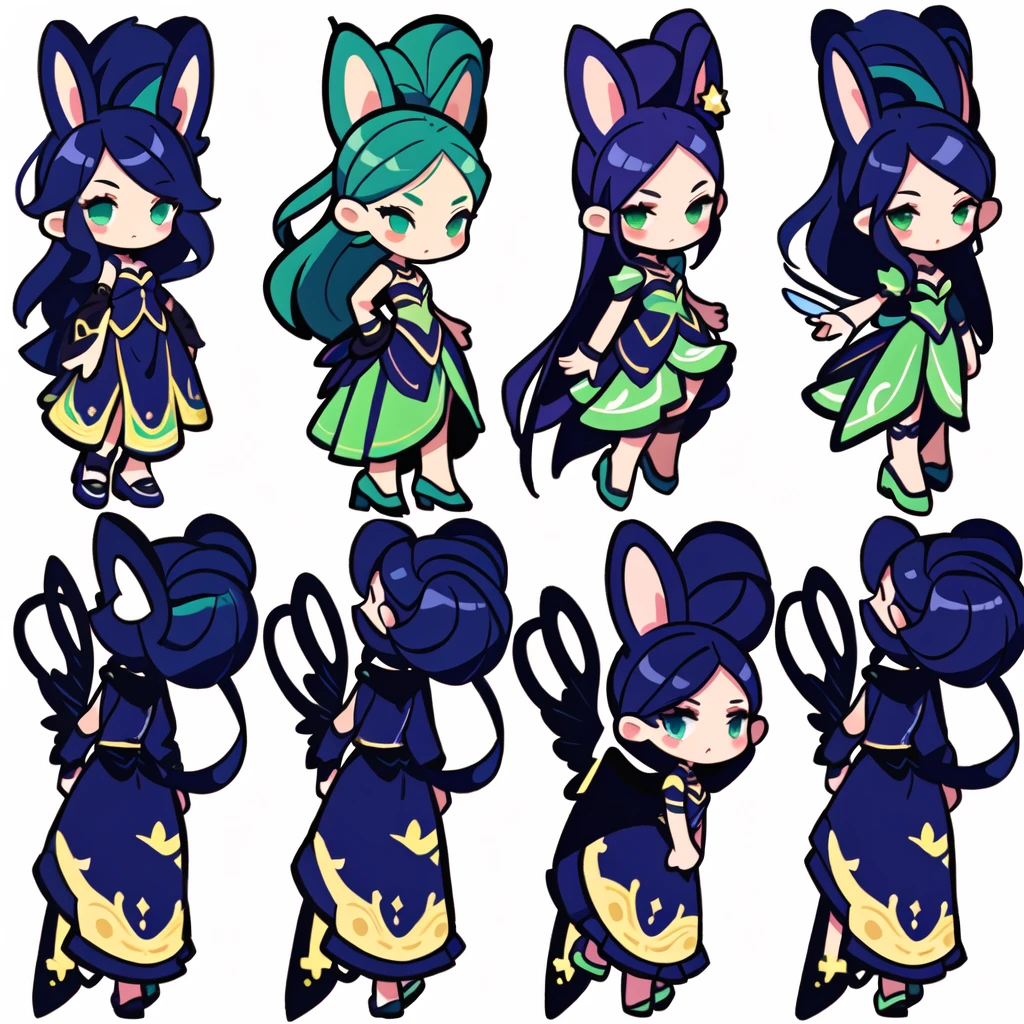 a close up of a cartoon character with different poses, spritesheet, sprite sheet, with familiar sprites, sprites, fairy girl, morgana, default pose neutral expression, twirling, sprite 2 d, shady, green fairy, smol,  multiple poses, cute chibi, kawaii