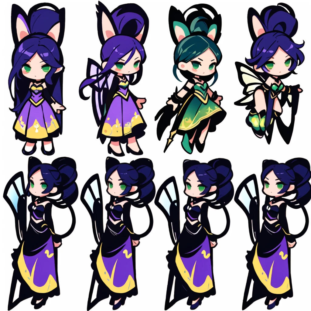 a close up of a cartoon character with different poses, spritesheet, sprite sheet, with familiar sprites, sprites, fairy girl, morgana, default pose neutral expression, twirling, sprite 2 d, shady, green fairy, smol, multiple poses, cute chibi, kawaii