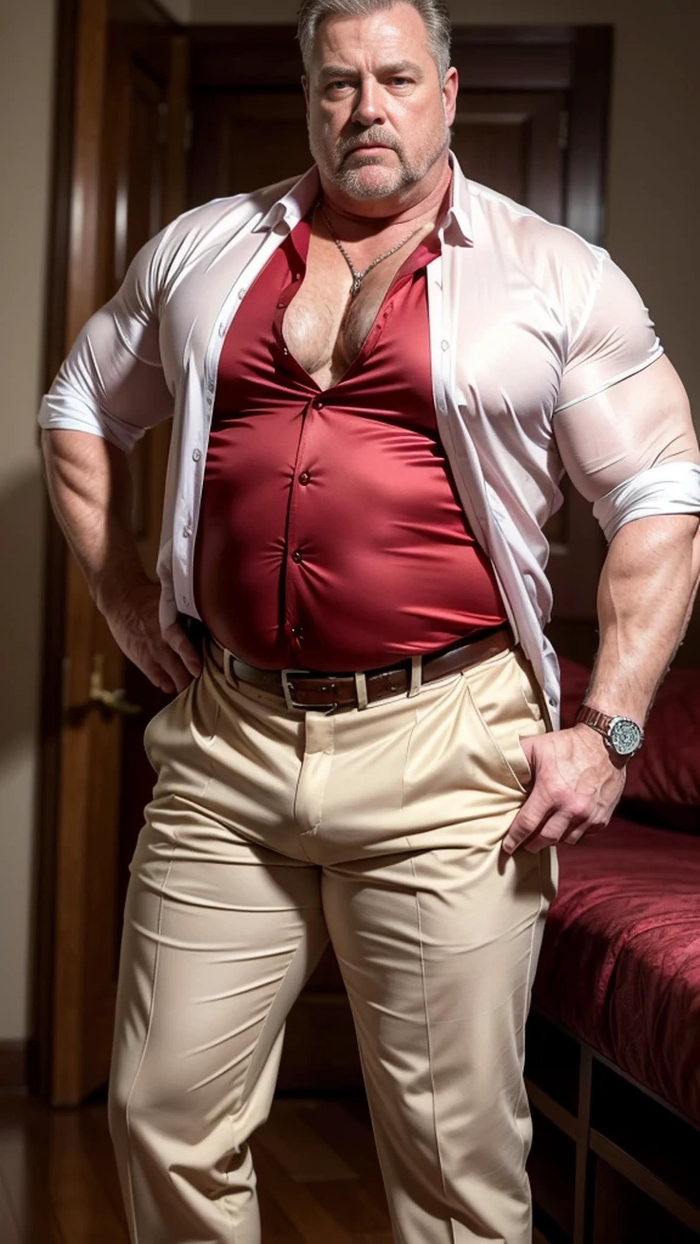 (best quality,4k,8k,highres,masterpiece:1.2), age 60, white man sheriff , horny disgusting, muscular chubby, kind, opened red silk shirt, mature daddy, Dress Pants with big bulge, hairy chest hard nipple, belt, loafer,