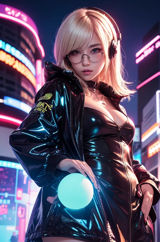 A beautiful Japanese girl with short, platinum blonde hair is depicted in a vertical anime-style illustration. She wears large, round glasses and black headphones, adding a modern and edgy look. Her outfit includes a translucent, thin-fabric dress underneath a glossy, multicolored jacket. She is reclining in a vibrant, neon-lit environment filled with colorful, glowing orbs. Her boots are shiny and detailed, matching the futuristic vibe of the scene.

The background features an array of electronic equipment and screens, emphasizing a high-tech, cyberpunk atmosphere. The lighting is dynamic, with neon reflections casting multicolored highlights on her outfit and surroundings. The artist employs digital painting techniques to achieve high detail and a sense of depth, particularly in the glowing effects and reflections. The use of bright, saturated colors and intricate designs creates a visually striking and energetic image.
