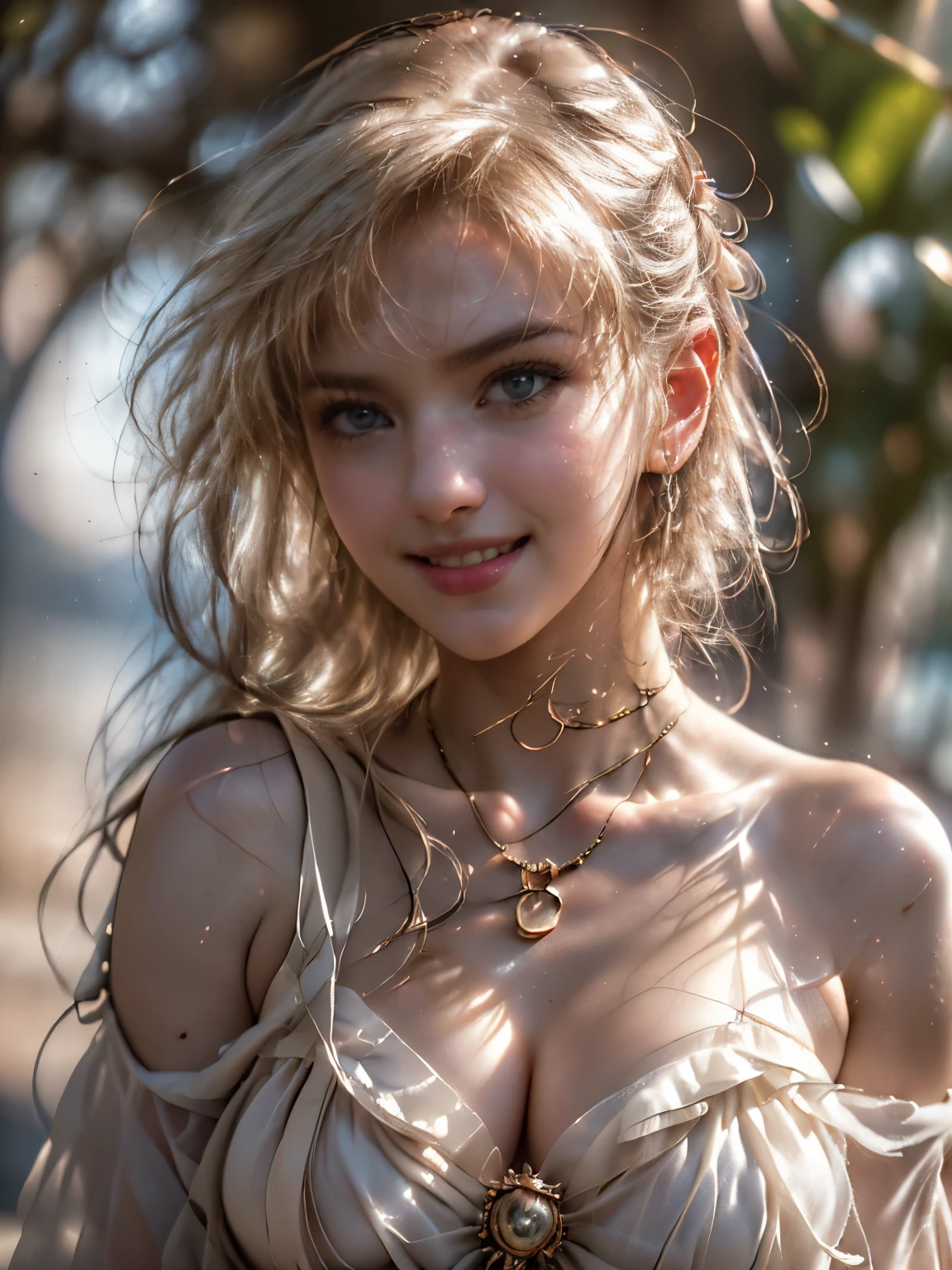 (Fashion photography, 4K, soft light, rim light, beautiful, (photorealistic, raw: 1. 2), (natural skin texture, realistic eye and facial details, cheeks, wispy smile), beautiful New Caledonia beach background, ultra realistic, ultra high definition, 4K, top quality, photo realistic:1.4), (hyper realistic:1.4), (realistic:1.3), (smoother lighting:1.05), (increase cinematic lighting quality:0.9), 8K, (Ultra-realistic eyes) ((Highest quality)), ((masterpiece)), Beautiful and cute face (One girl) (French) (She is 18 years old、The most beautiful French fantasy girls) ((Beautiful fantasy hero with light blonde short hair !!!! A gentle smile、Big cleavage-revealing outfit、Highest quality , Colorful beautiful background、Random Pause、