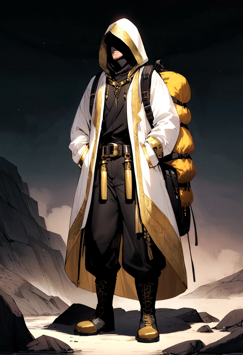 A tall man in a black kimono with gold accents, and wearing a long white coat that has gold accents and a big black hood up, black and gold cuffs, dark leather cargo pants tucked into  dark leather knee high hiking boots while accessorizing a black leather belt with a gold buckle with big pockets, a big leather hiking backpack and sleeping bag gold bandanna tied over the mouth and nose 