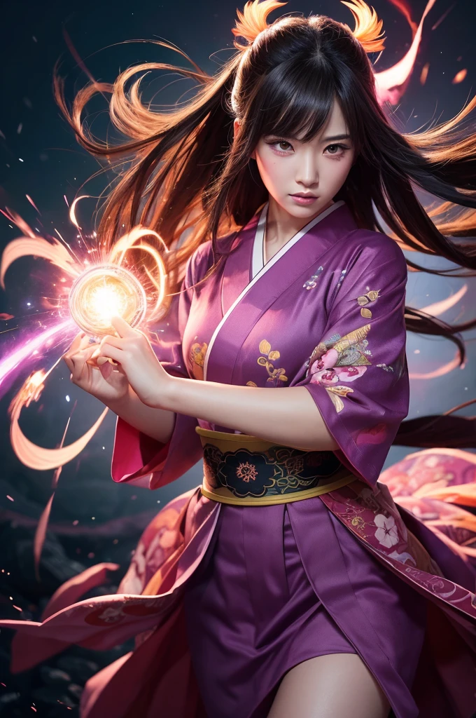 
A fierce Japanese girl is depicted in a vertical, anime-style illustration. She has long, flowing dark hair highlighted with vibrant pink streaks, and her eyes glow an intense, matching pink. She is wearing a traditional kimono with intricate patterns, and her expression is determined and powerful. Her fist is extended forward, emanating bright, pink energy that swirls around her, creating a dynamic and intense atmosphere.

The background is a chaotic swirl of dark purples and pinks, enhancing the sense of movement and energy. The artist employs digital painting techniques to achieve high detail, particularly in the glowing energy effects and the intricate designs of the kimono. The lighting is dramatic, with strong contrasts and glowing highlights that emphasize the character's fierce aura. The use of vivid colors and dynamic composition creates a visually striking and emotionally charged image.