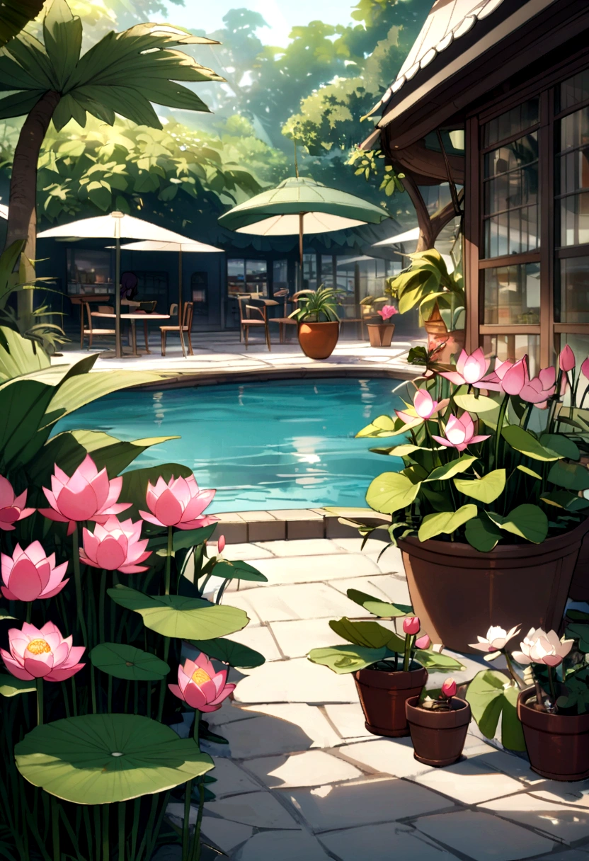 A botanical garden with a cafe, ornamental plants, tropical trees, small pool with lotus flowers in the garden, and where people shop that flower pots.