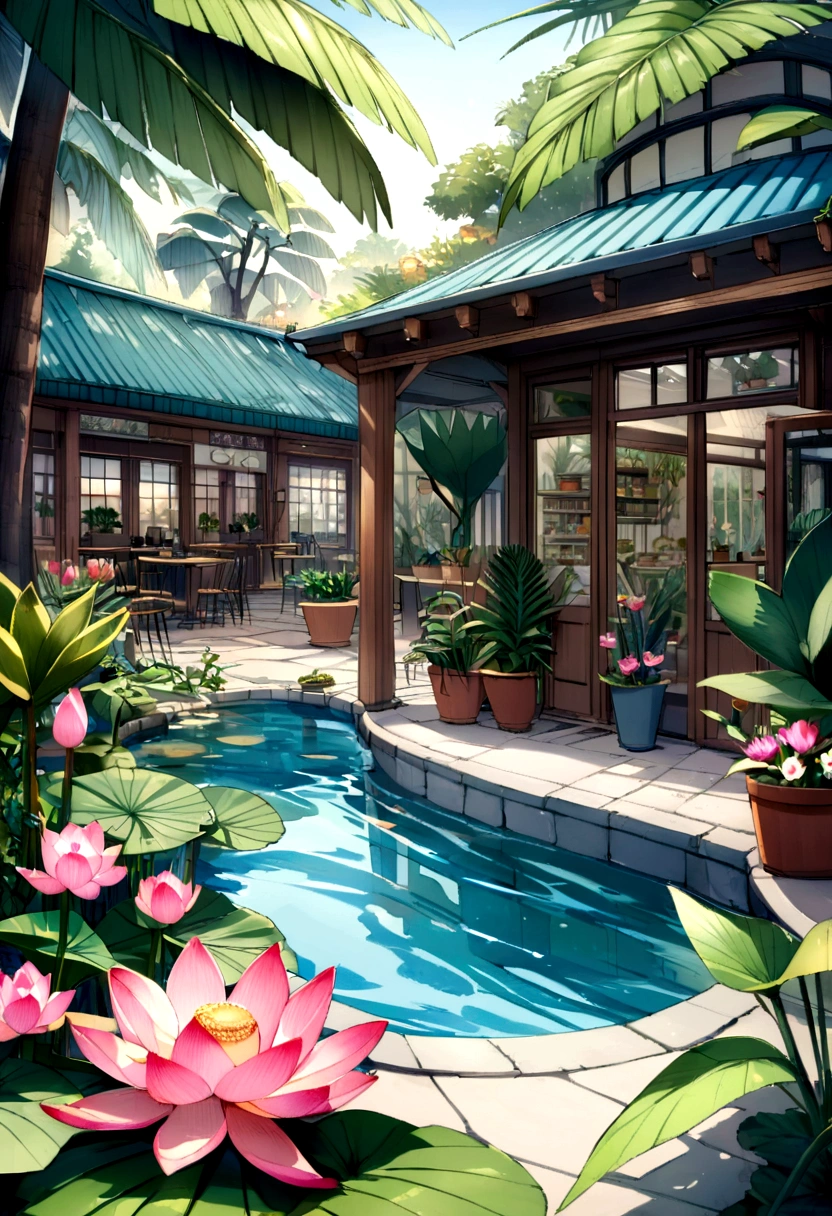 A botanical garden with a cafe, ornamental plants, tropical trees, small pool with lotus flowers in the garden, and where people shop that flower pots.