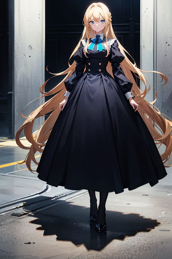 1woman, long hair, blonde hair, blue eyes, formal dress, standing on ground, high res, ultra sharp, 8K, masterpiece