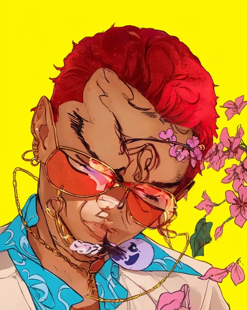 The character has bright red hair, cut short and styled in a way that resembles a flat top. The scalp appears to have been stitched together, indicated by a prominent scar running across the head with large, visible stitches, The character's facial expression is somewhat sinister and playful, with a wide grin showing sharp, jagged teeth, some of which are gold, There is a bandage across the nose with a small bloodstain on it, The character's eyes are half-closed, giving a mischievous look, and they are wearing oversized, star-shaped, red-tinted sunglasses, There are also visible tears and possibly blood dripping from the eyes, The character wears large, gold hoop earrings and a gold chain necklace, A purple skull-shaped accessory is dangling from the chain around the neck, The character is wearing a blue Hawaiian shirt with an intricate wave pattern, and over it, an off-white or beige jacket, This attire gives a casual yet flamboyant appearance, There are detailed elements such as the stitching on the scalp and the texture of the hair, There are flowers, specifically cherry blossoms, interwoven with the character’s hair and flowing around them, adding a delicate contrast to the otherwise tough and edgy look, There is text written on the character's forehead near the scar, which reads "BAD FOR HEALTH / BAD FOR EDUCATION." This text adds an additional layer of context, suggesting a rebellious or non-conformist attitude.