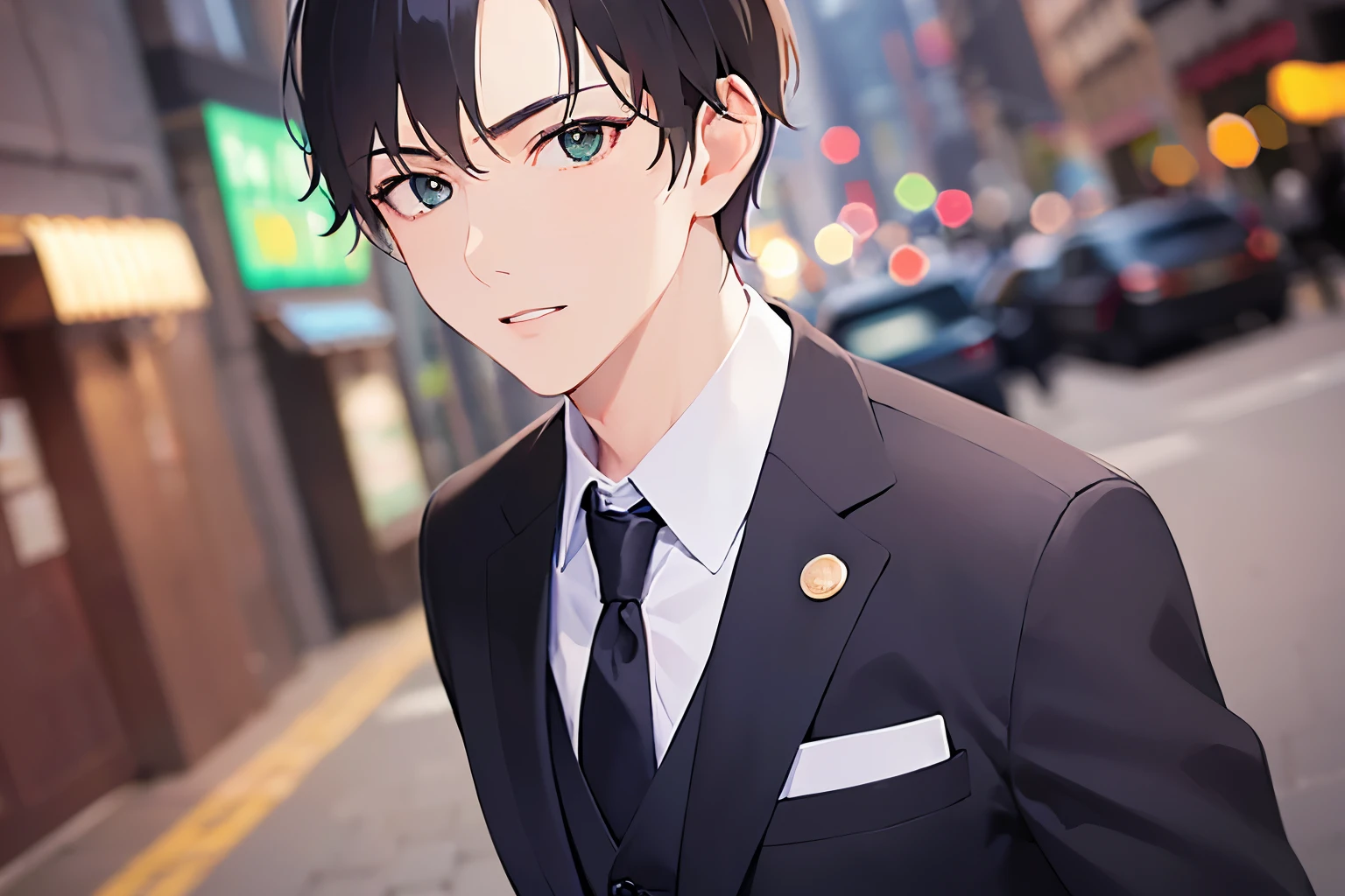 cinematic angle, Close-up of your face、shiny skin、masterpiece、Highest quality、(25-year-old male:1.5) and (Brown short hair) and (Green Eyes), (Wearing a suit:1.3) and (Blue tie)、Are standing、Serious expression, The background is a shopping street at night、(Alone:1.5)、