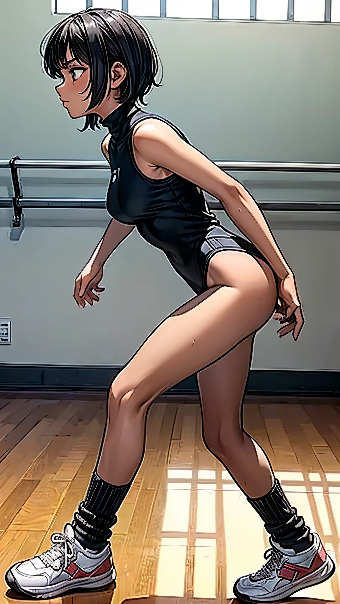 (From above2.0,from side),Inside the sports gym,inside the dance studio,One girl,sweat,dark skin color,short black hair,displeased,sulky,ballet,uplift right hand,high-neck-leotard,((loose socks)),((loose socks)),((sneaker)),bodysuit,playing ballet.