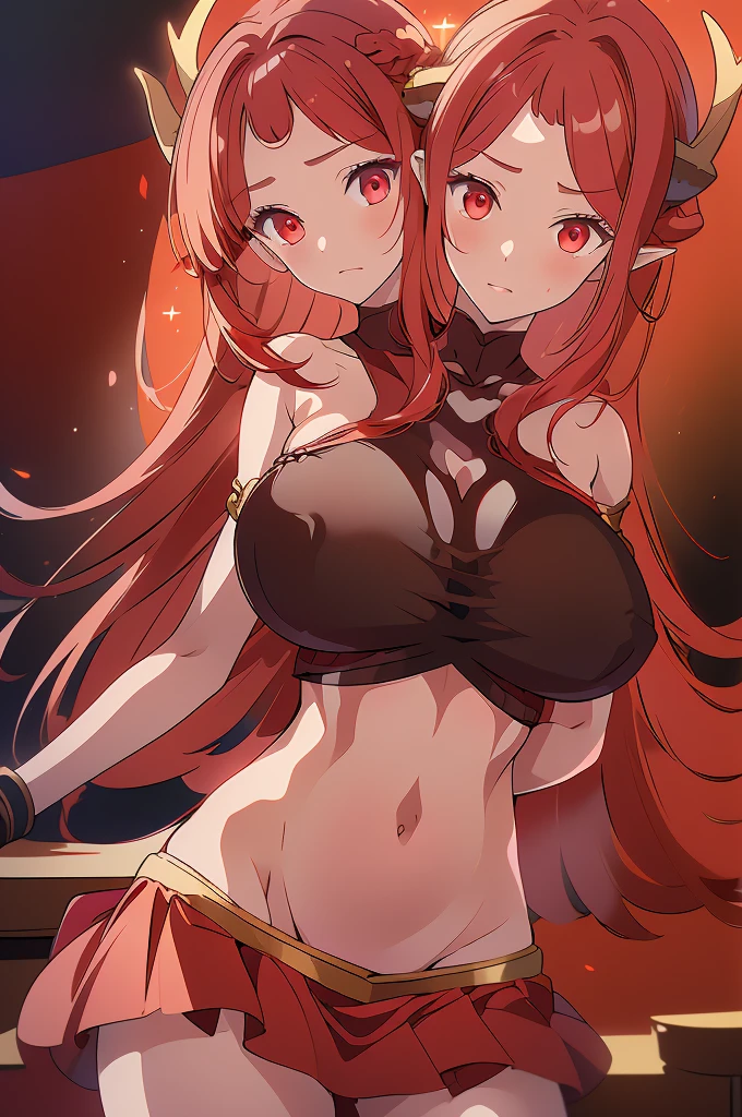 (masterpiece, best quality), best quality, (ultra-detailed), (3heads:1.5), 1girl, (Singyoku :1.3), masterpiece, best quality, ultra quality, ultra resolution, ultra detail, red top, crop top, ((stomach)), midriff, ((groin)), red skirt, normal ears, shackles, flowing red hair, very long hair, wavy hair, sidelocks, glowing red eyes, parted lips, detailed eyes, sweat, cute, toned belly, hand on own chest, eyelashes, (24 year old woman:1.3), (masterpiece:1.5), (best quality:1.5), (beautiful detailed), extremely detailed CG, extremely delicate and beautiful, depth of field, (finely detailed face), (perfect details:1.2), (mature female:1.3), wide pelvis, slender, large veiny breast, 16k resolution, highres, very high quality, very high definition, extremely detailed, masterpiece, flowing red hair, long hair, alluring presence, braid, short skirt, close up, big tits, huge tits, young, horns,