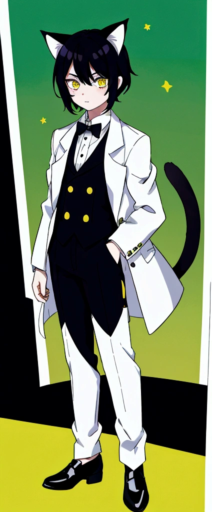 Anime boy with cat ears, Cat&#39;s tail, pale skin, black hair, eyes of different colors, the right one yellow with a star in the middle and the left one green, dress clothes, White shirt, white tie, black dress pants black shoes, coffee trench coat cozy background 