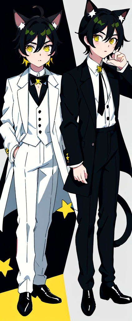 Anime boy with cat ears, Cat's tail, pale skin, black hair, eyes of different colors, the right one yellow with a star in the middle and the left one green, dress clothes, White shirt, white tie, black dress pants black shoes, coffee trench coat cozy background