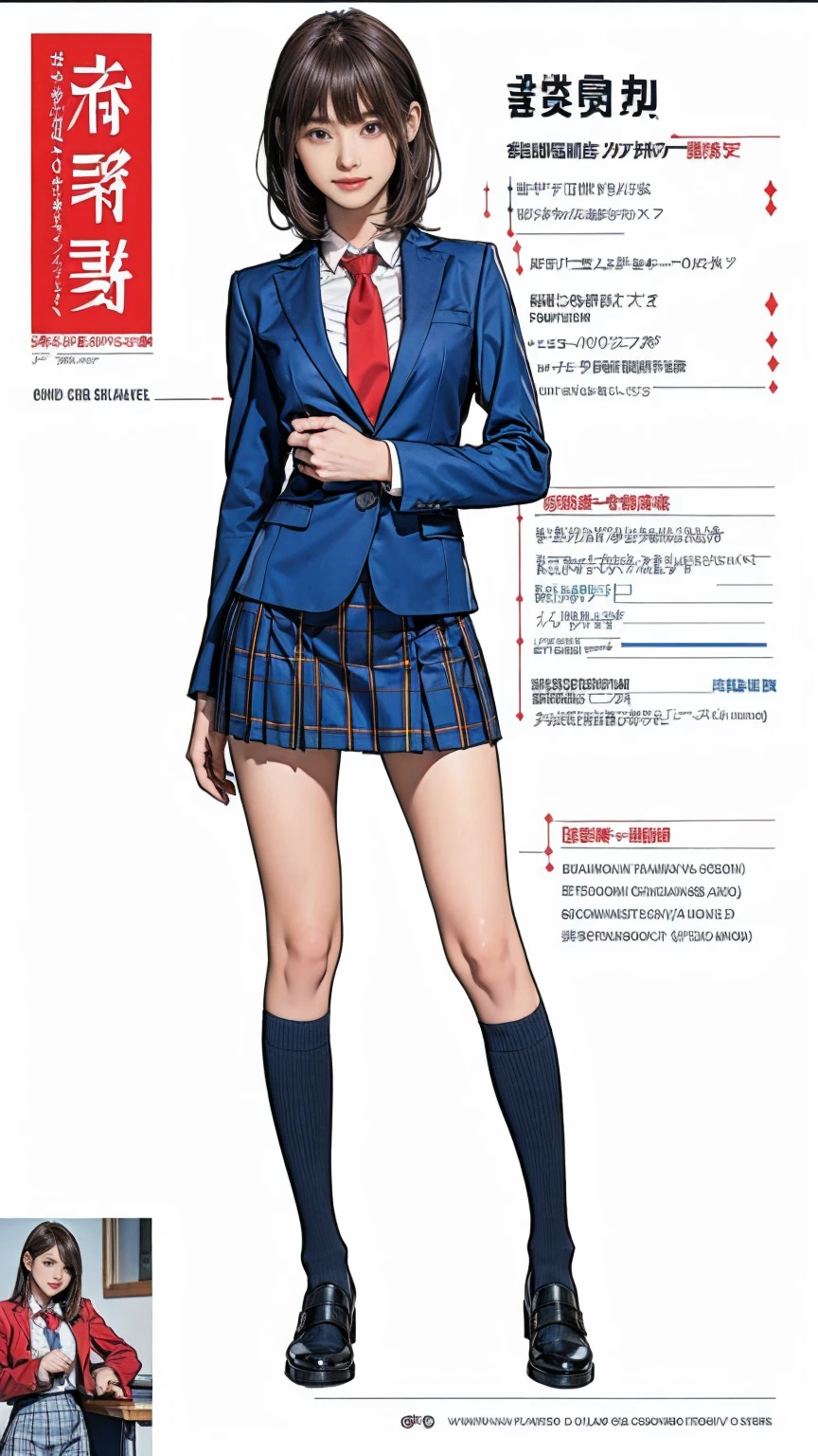((masterpiece)),(((Highest quality))),((Character design sheet)),Thin thighs,Long legs,Girl standing in a school classroom,Red Tie Uniform,Dark Blue Blazer,Blue plaid skirt,18-year-old,bangs,A small smile,Random Pause,pretty girl,Slender girl,