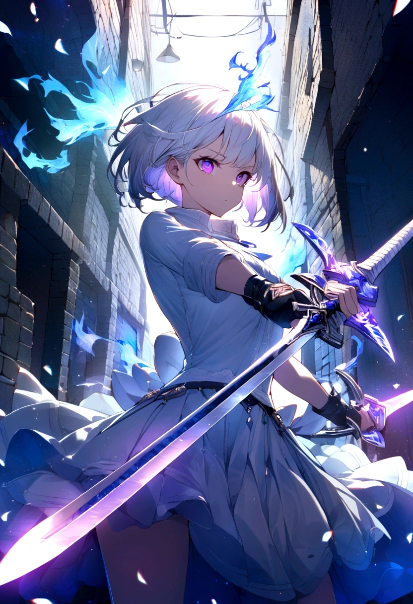 colourfull、1girl in、white  hair、a purple eye、dual-wielding、The sword、The sword、blue flames、brilliance、glowing weapons、Particles of light、wall-paper、chromatic abberation、short-cut