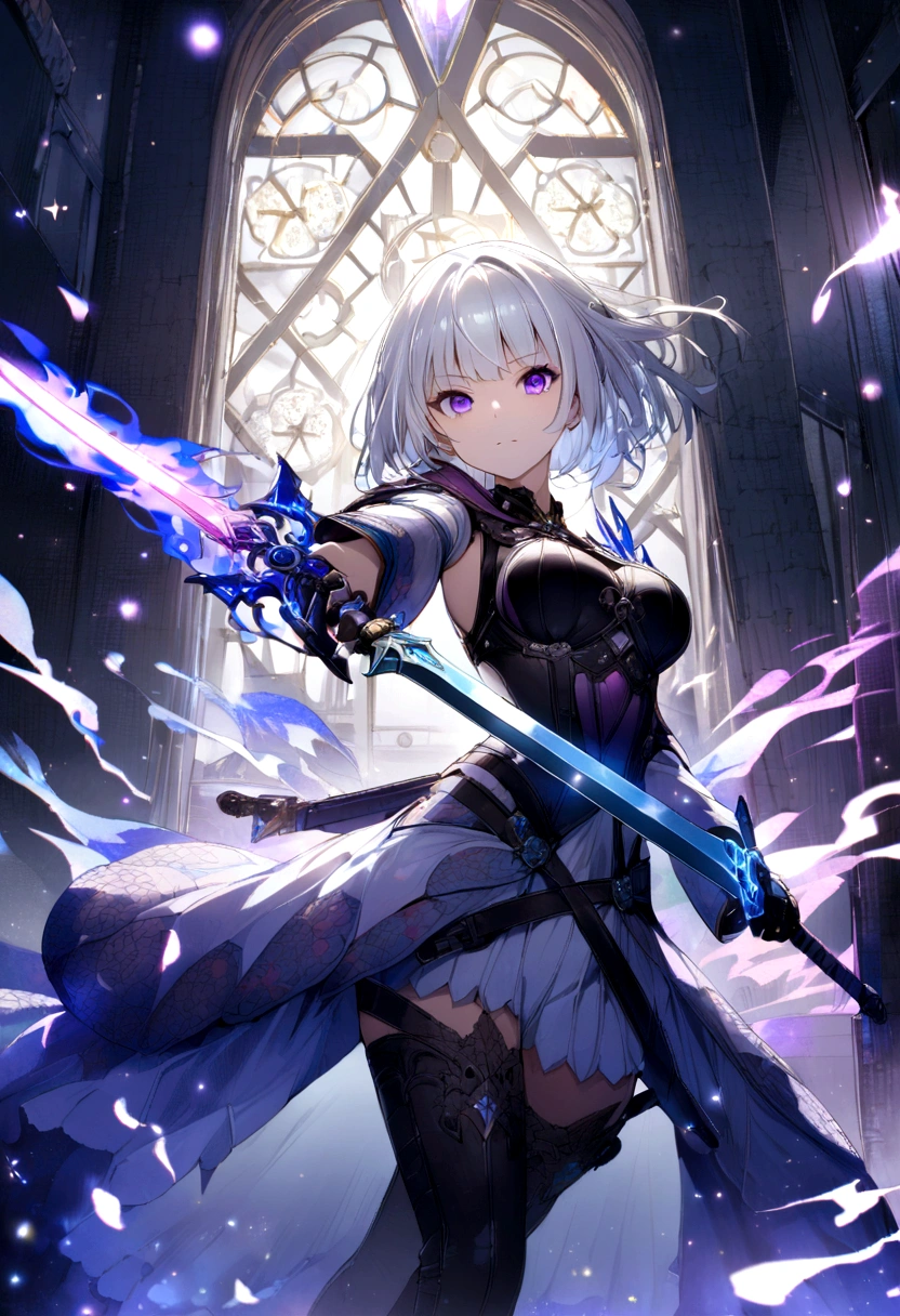 colourfull、1girl in、white  hair、a purple eye、dual-wielding、The sword、The sword、blue flames、brilliance、glowing weapons、Particles of light、wall-paper、chromatic abberation、short-cut