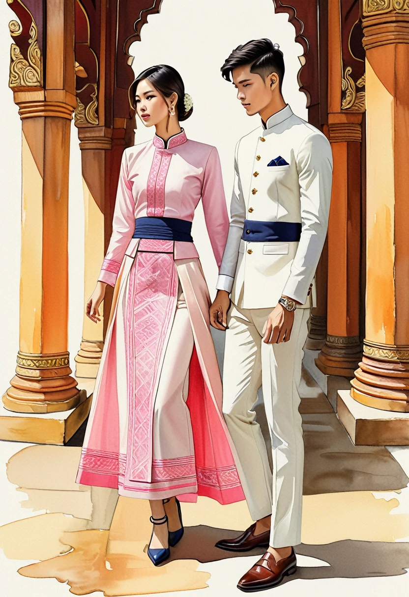candid fashion illustration of two young man and women, 20-27 year old, adorned in a meticulously crafted North Thai traditional outfits, Lampang, ((showcase fashion Lanna style in cotton handwoven)), simple elegant style, The man wears a simple long-sleeved white mandarin collar suit, paired with Tailor pants, and oxford shoes, The woman complements him with mini tubular skirt made from a cotton ankle-length, simple minimal pink patterns details, fitted intricately decorated waist-length blouse that complements the skirt, Captured in a low angle, ((full-body image)), ((imperfect Thai temple water color background)), sketching, realistic drawing, imperfect water color drawing, fashion look book, fashion illustrator, sketch design,