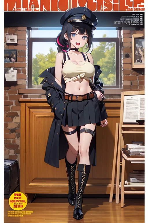 (masterpiece:1.2), (Military uniform magazine cover:1.4),best quality,PIXIV,Sweet girl , sexy posture,1girl, (perky chest:1.2), rolling upskirt by wind:1.6, (with sparkling eyes and a contagious smile),open mouth, (pointed chest:1.2),fishnets, black hair, boots, long hair, black nails, skirt, shirt, solo, black footwear, bag, black skirt, jewelry, jacket, on head, black jacket, thigh strap, bangs, necktie, earrings, nail polish, multicolored hair, looking at viewer, full body, bottle, own hands together, belt, jacket on shoulders, food, cats on head, black necktie, ring, choker, english text, collared shirt, blue eyes, platform boots, hat, lace-up boots ,masterpiece、highest quality、Very detailed、An illustration、Beautiful fine details、One Girl、cute、Detailed landscape、Training Room Background:1.4、Platinum Blonde Hair、Braided Ponytail、Red camisole、((D cup breasts, Tank top showing underboob:1.3))