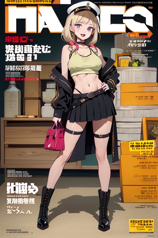 (masterpiece:1.2), (Military uniform magazine cover:1.4),best quality,PIXIV,Sweet girl , sexy posture,1girl, (perky chest:1.2), rolling upskirt by wind:1.6, (with sparkling eyes and a contagious smile),open mouth, (pointed chest:1.2),fishnets, black hair, boots, long hair, black nails, skirt, shirt, solo, black footwear, bag, black skirt, jewelry, jacket, on head, black jacket, thigh strap, bangs, necktie, earrings, nail polish, multicolored hair, looking at viewer, full body, bottle, own hands together, belt, jacket on shoulders, food, cats on head, black necktie, ring, choker, english text, collared shirt, blue eyes, platform boots, hat, lace-up boots ,masterpiece、highest quality、Very detailed、An illustration、Beautiful fine details、One Girl、cute、Detailed landscape、Training Room Background:1.4、Platinum Blonde Hair、Braided Ponytail、Red camisole、((D cup breasts, Tank top showing underboob:1.3))
