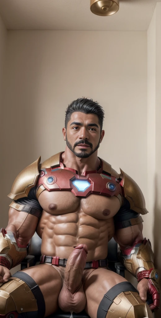 (masterpiece, intricately detailed, highest resolution, best quality:1.2), (doujin), a cocky Latino Instagram influencer,a 24 y.o muscle stud with a muscular physique sitting on a chair with black eyes,dark-skinned male, wearing a ((Ironman inspired armored costume, no helmet)), (excessive cum), (cum on body), (cum drip), flaccid penis,saggy balls,hairy chest,vascular,muscle striations,soft light,fantastic realism,