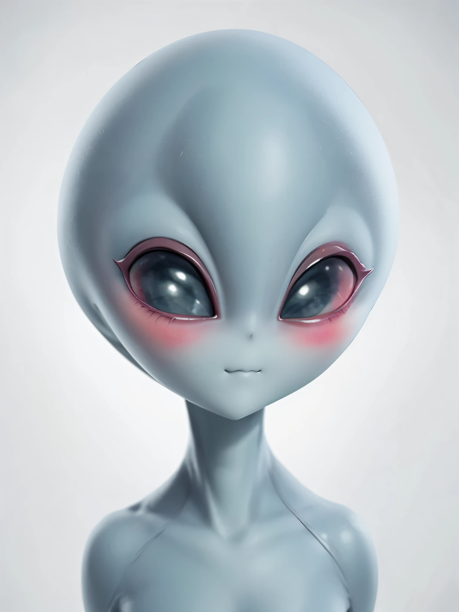 (((Masterpiece))), (high quality),(one alien girl:1.2), ,(innocent smile),5 heads,(Skinhead,Gray aliens,Large, dark, almond-shaped eyes,:1.2),(No hair, no whites, no ears:1.3),(Wearing a silver body-fitting suit:1.2),(Close-up of a blushing face,Place both hands on cheeks:1.5),Plain background,(from above:1.5)