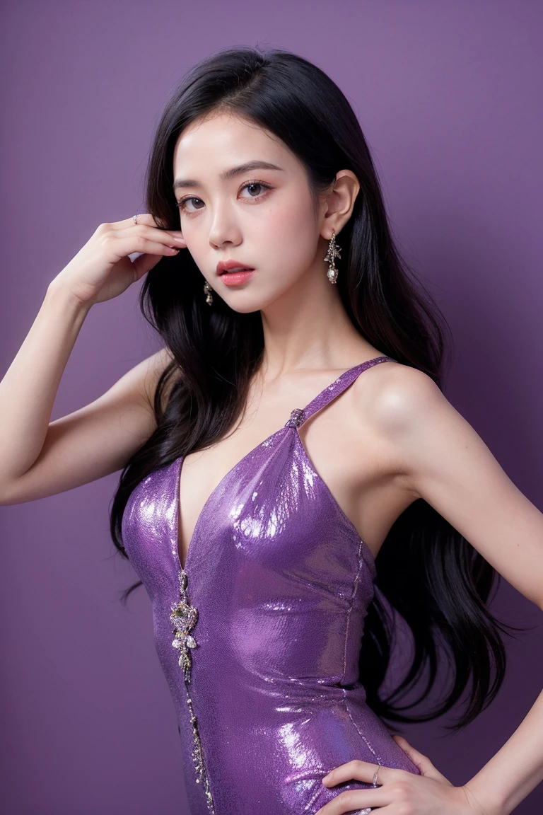 21yo girl, beautiful dress, purple background