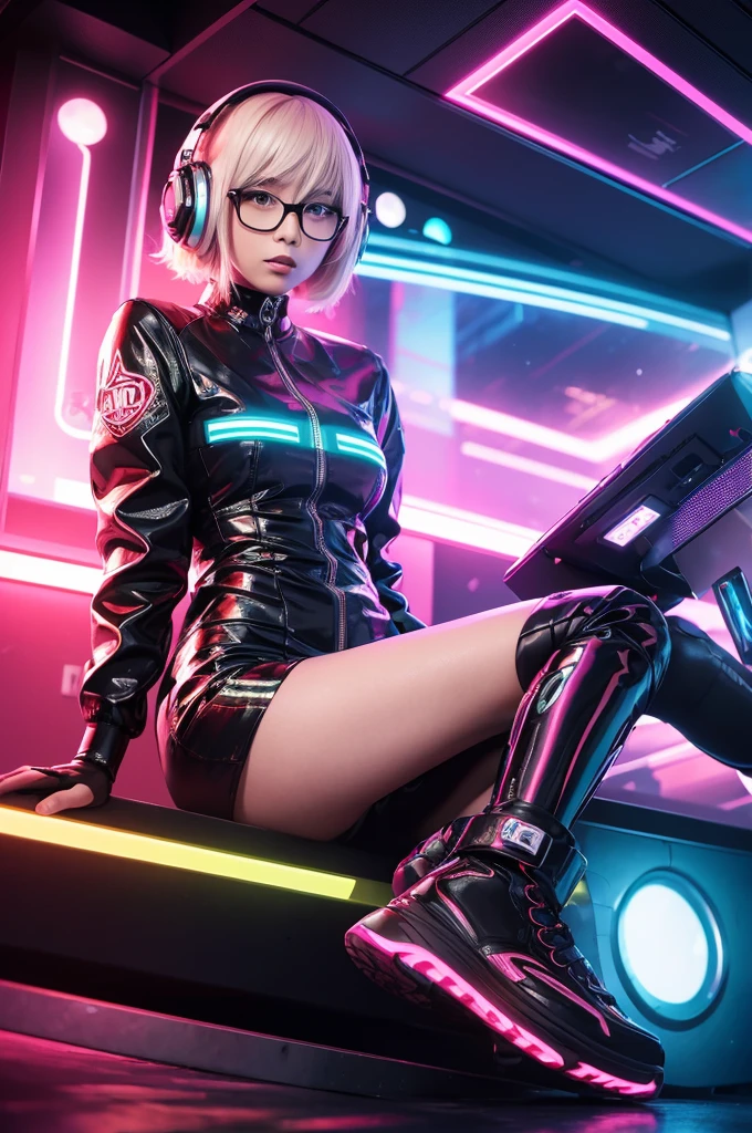 A beautiful Japanese girl with short, platinum blonde hair is depicted in a vertical anime-style illustration. She wears large, round glasses and black headphones, adding a modern and edgy look. Her outfit includes a translucent, thin-fabric dress underneath a glossy, multicolored jacket. She is reclining in a vibrant, neon-lit environment filled with colorful, glowing orbs. Her boots are shiny and detailed, matching the futuristic vibe of the scene.

The background features an array of electronic equipment and screens, emphasizing a high-tech, cyberpunk atmosphere. The lighting is dynamic, with neon reflections casting multicolored highlights on her outfit and surroundings. The artist employs digital painting techniques to achieve high detail and a sense of depth, particularly in the glowing effects and reflections. The use of bright, saturated colors and intricate designs creates a visually striking and energetic image.
