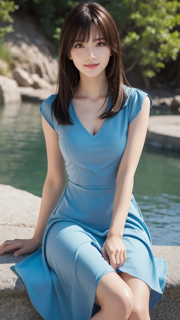 Woman sitting on the ground、Beauty、Well-balanced proportionedium build、Small face、Small breasts、Small Ass、A strong wind is blowing、grassland、There are a lot of trees、Wearing a blue short-sleeved long dress、White panties、Uniform left and right eyes、blue sky、, black hair, long hair, messy hair, floating hair, earrings, parted lips, happy, seductive smile, Surrealism, Verism, cinematic lighting, first-person view, f/1.2, Nikon, UHD, best quality, highres, 8k, anatomically correct