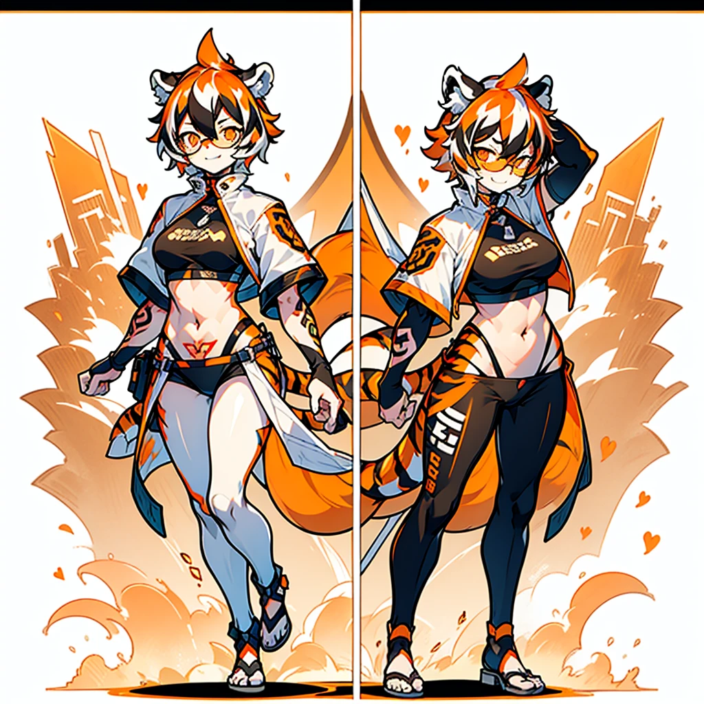 white background, full body, solo, 1girl,Standing, heading up, proud , young girl, animal ears, arknights, white hair, black hair, round eyewear, glasses, OPPEIN, short hair, large breasts, muscle，tail, orange eyes, orange hair, multicolored hair, tiger girl, furry female, hair between eyes, tiger_ears, tiger_tail, waai_fu, orange-tinted_eyewear, tinted_eyewear, Sophorae, ワイフー, waai_fu_arknights, tattoo, petite, neck tattoo, big breasts, stomach tattoo, bra, panties, evil smile, Shadows under feet，text，