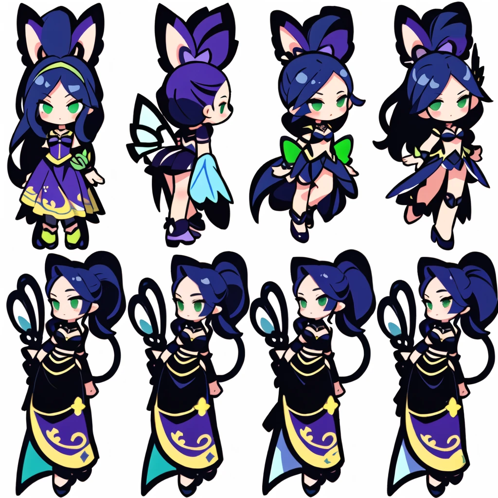 a close up of a cartoon character with different poses, spritesheet, sprite sheet, with familiar sprites, sprites, fairy girl, morgana, default pose neutral expression, twirling, sprite 2 d, shady, green fairy, smol, multiple poses, cute chibi, kawaii