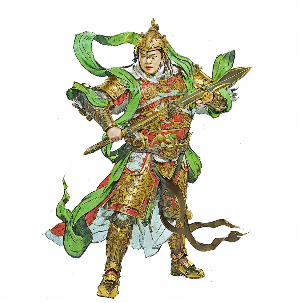 realistic, an ancient young chinese warrior with armour (gold and red color), holding a curvy sculpted sword, green deity ribbon, no beard, chubby face, big chin